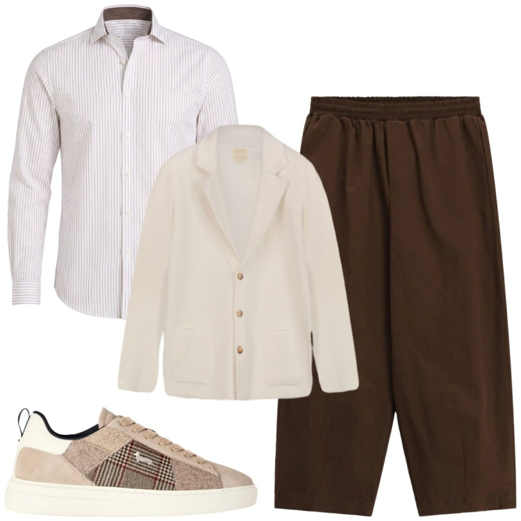Outfit uomo - I cardigan giacca. Stile Trendy per Ufficio. Abbinamento con sneakers, camicie, pantaloni a palazzo, cardigans.