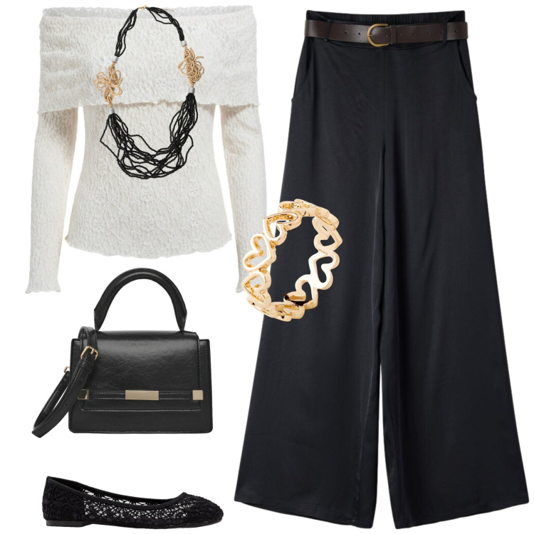 Outfit donna - La maglia in pizzo. Stile Casual chic per Serata fuori. Abbinamento con anelli, ballerine, pantaloni, borse a tracolla, collane, bluse.