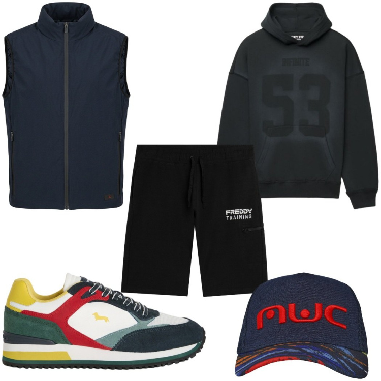 Outfit uomo - Total look #2475835. Stile Urban per Tutti i giorni. Abbinamento con sneakers, bermuda, piumini, cappelli con visiera, felpe con cappuccio.
