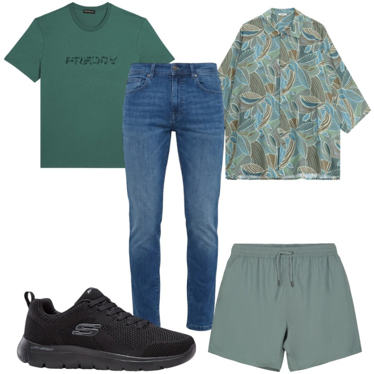 Outfit uomo - Total look #2475836. Stile Trendy per Mare. Abbinamento con jeans slim fit, camicie a manica corta, costumi, t-shirt, sneakers.