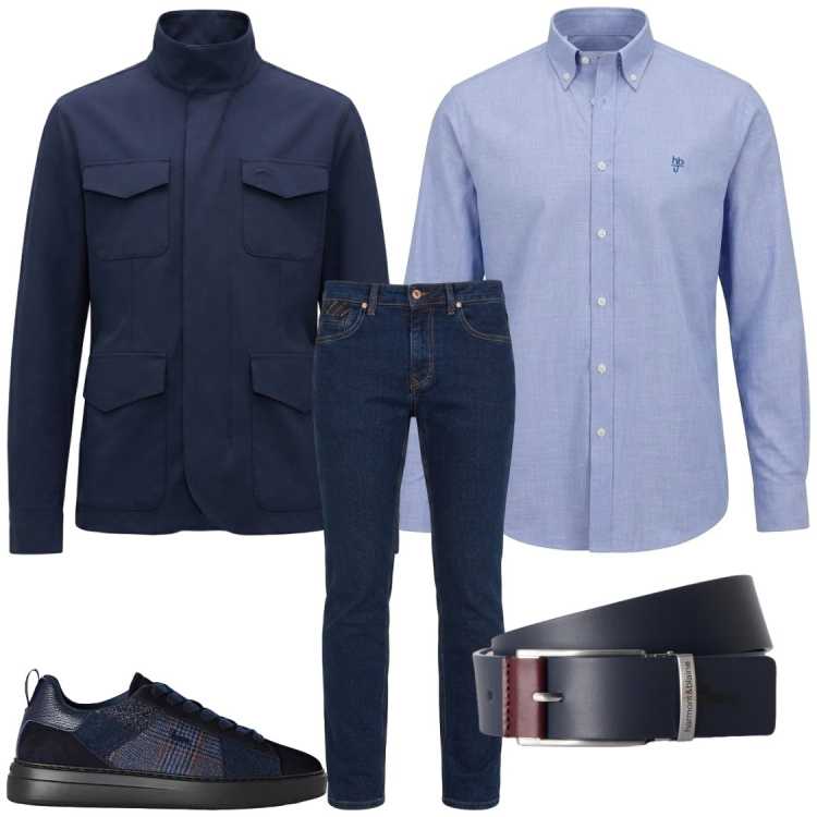 Outfit uomo - In scooter direzione lavoro. Stile Trendy per Ufficio. Abbinamento con sneakers, jeans, camicie, cinture, giacche.