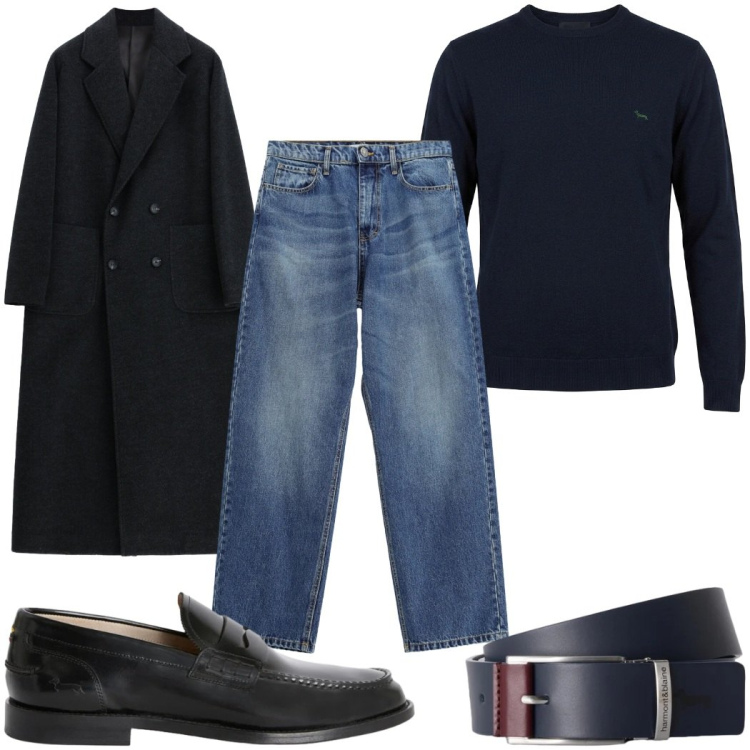 Outfit uomo - Total look #2475841. Stile Casual per Tutti i giorni. Abbinamento con cinture, maglieria, scarpe stringate, jeans, cappotti.