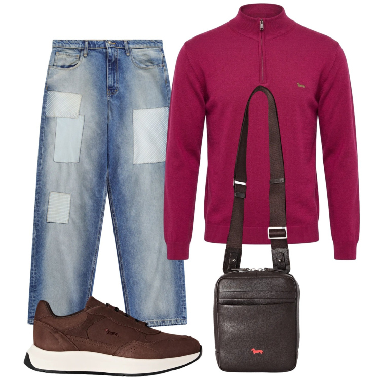 Outfit uomo - Con gli amici. Stile Trendy per Tutti i giorni. Abbinamento con sneakers, maglieria, borse sportive, jeans.