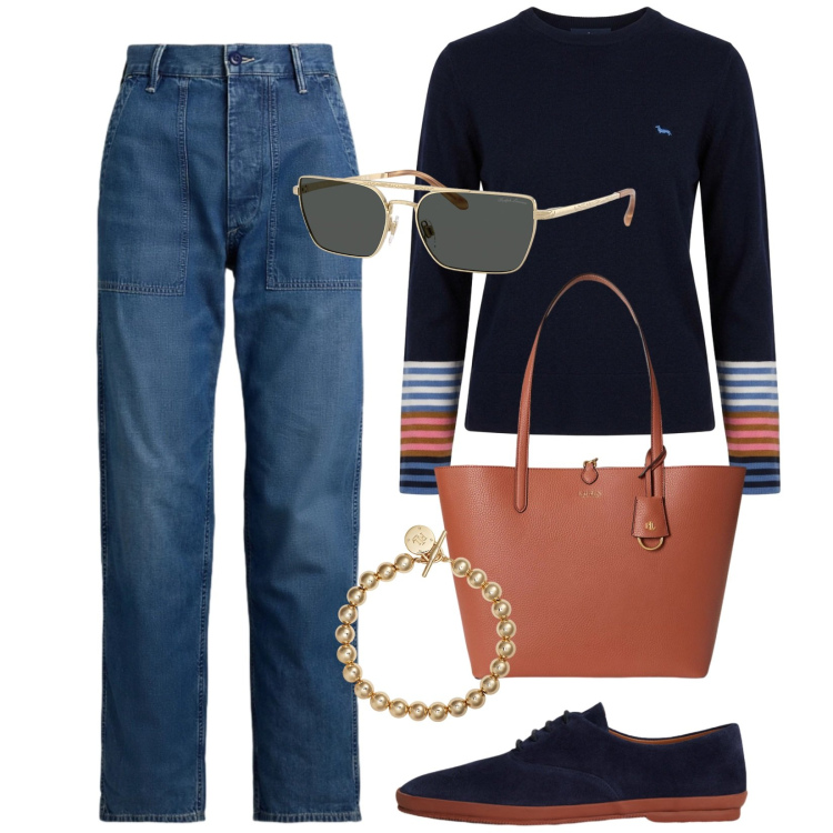Outfit donna - Jeans e stile. Stile Trendy per Tutti i giorni. Abbinamento con maglieria, occhiali da sole, braccialetti, jeans, sneakers, borse tote.