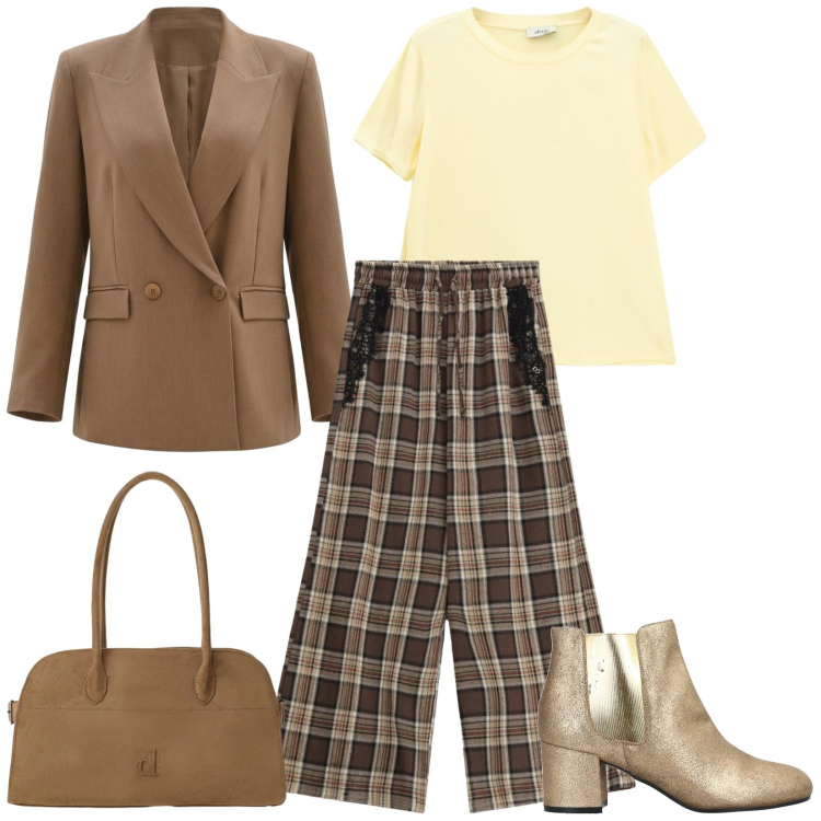 Outfit donna - Total look #2475849. Stile Casual per Tutti i giorni. Abbinamento con stivaletti chelsea, pantaloni a palazzo, borse a spalla, t-shirt, blazer.