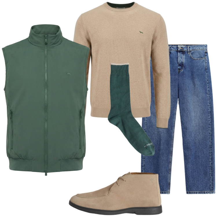 Outfit uomo - Weekend. Stile Trendy per Tutti i giorni. Abbinamento con maglieria, stivali e stivaletti, calzini, gilet, jeans.