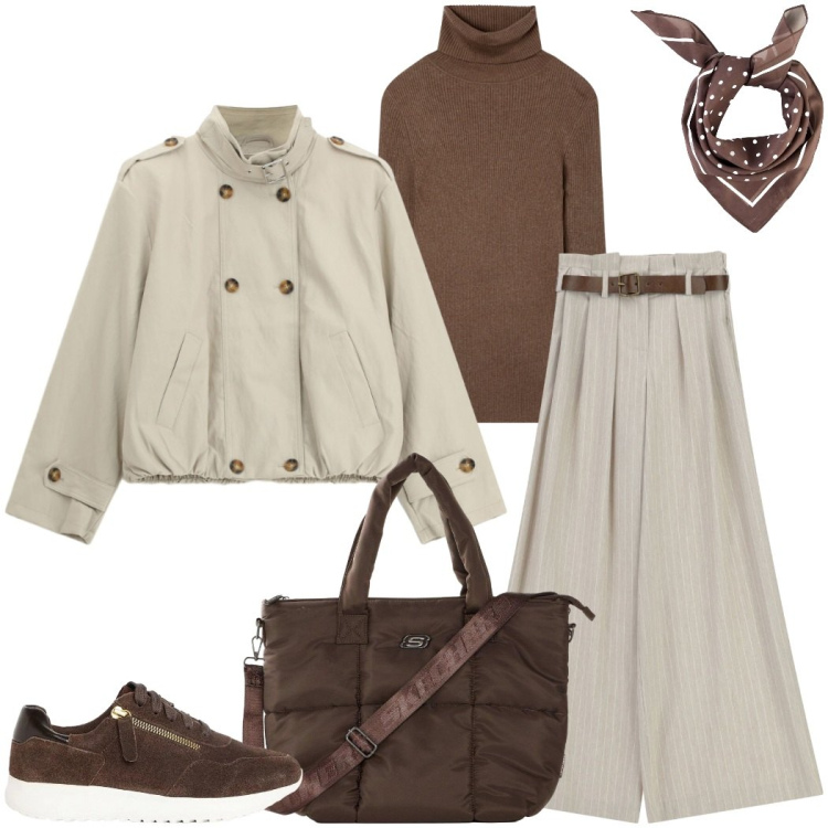 Outfit donna - Weekend fuori porta. Stile Casual chic per Tutti i giorni. Abbinamento con sneakers, foulard, shopping bag, maglieria, bomber, pantaloni a palazzo.