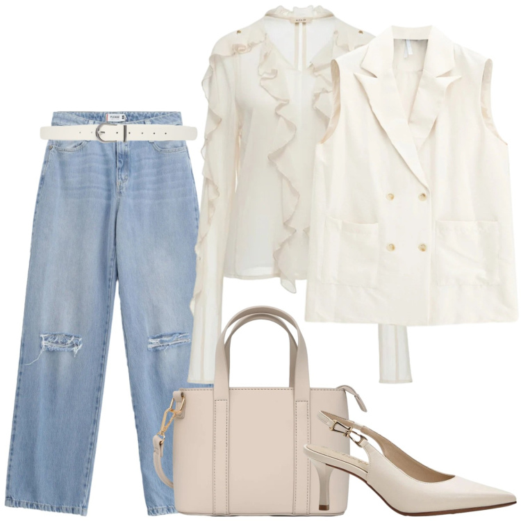Outfit donna - Per un look giornaliero. Stile Casual per Tutti i giorni. Abbinamento con décolleté, borse a tracolla, cinture, gilet, jeans strappati, bluse.