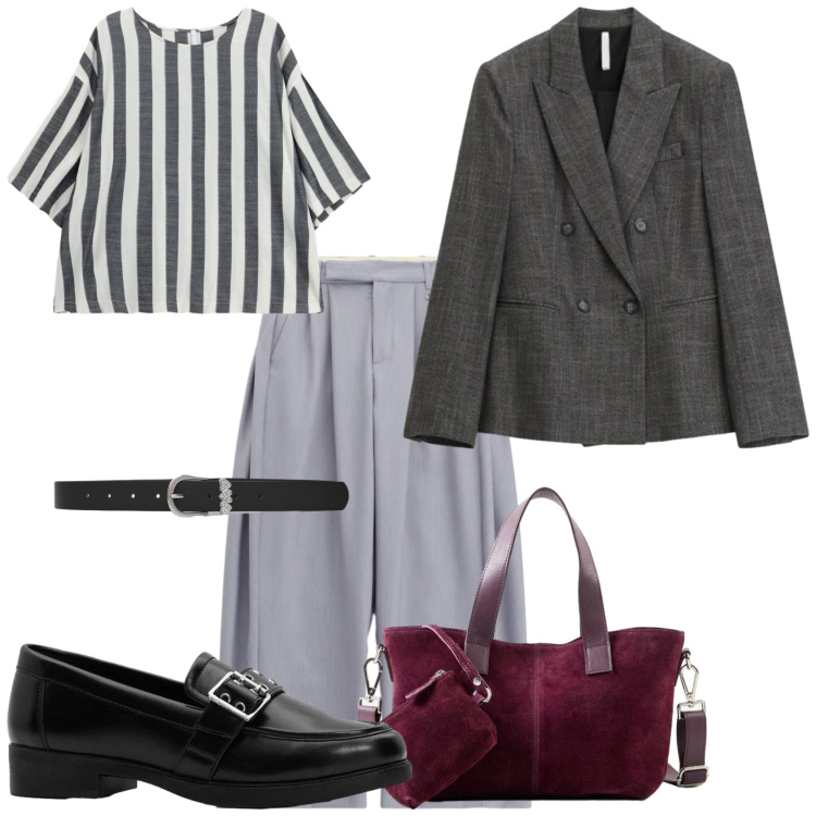 Outfit donna - Grigio autunnale. Stile Casual per Tutti i giorni. Abbinamento con mocassini, borse a mano, cinture, top, blazer, pantaloni a palazzo.