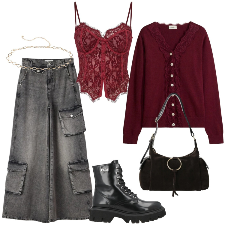 Outfit donna - Bustier bordeaux e jeans wide leg. Stile Trendy per Serata fuori. Abbinamento con anfibi, cinture, cardigans, jeans, borse a spalla, top.