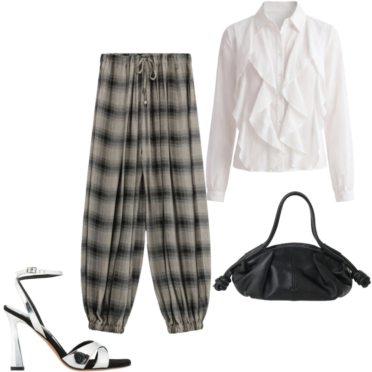 Outfit donna - Tempo libero. Stile Trendy per Serata fuori. Abbinamento con sandali in pelle, pantaloni, borse a mano, camicie.