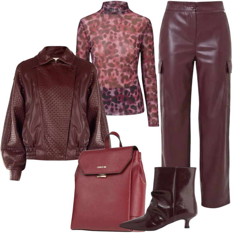 Outfit donna - Il colore più virale 026/burgundy. Stile Trendy per Serata fuori. Abbinamento con giacche, t-shirt, pantaloni cargo, stivaletti, zaini.