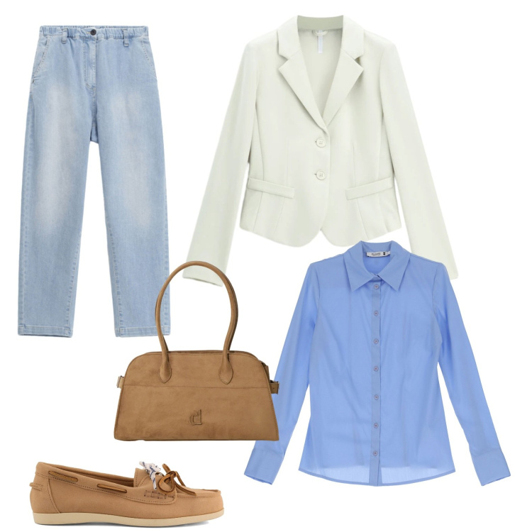 Outfit donna - Una giornata in ufficio. Stile Casual per Ufficio. Abbinamento con blazer, camicie, jeans dritti, borse a spalla, mocassini.