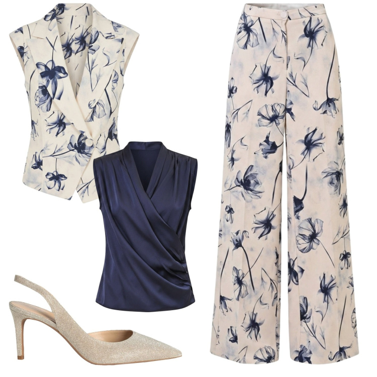 Outfit donna - Cerimonia. Stile Chic per Cerimonia. Abbinamento con décolleté, top, gilet, pantaloni a palazzo.