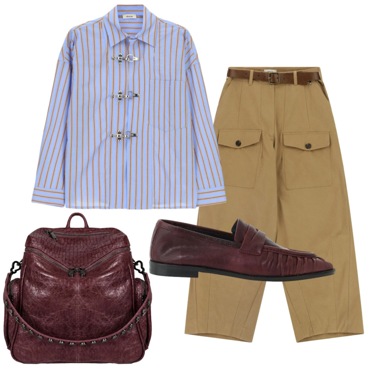 Outfit donna - Total look #2475883. Stile Mannish per Ufficio. Abbinamento con camicie, mocassini, pantaloni a palazzo, zaini.