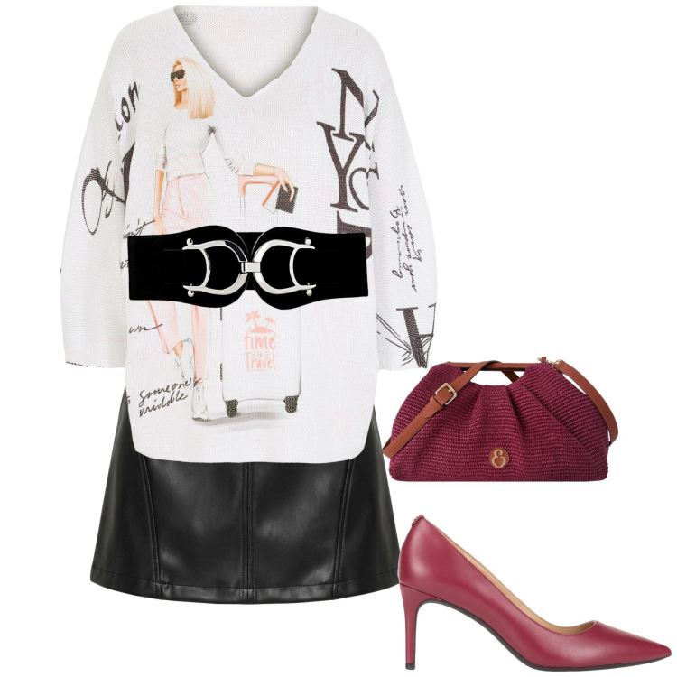 Outfit donna - Giovanile. Stile Trendy per Serata fuori. Abbinamento con décolleté, cinture, maglieria, minigonne, clutch.