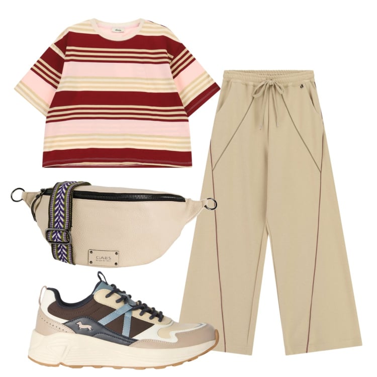 Outfit donna - Total look #2475888. Stile Sporty chic per Tutti i giorni. Abbinamento con marsupi, sneakers, pantaloni a palazzo, t-shirt.