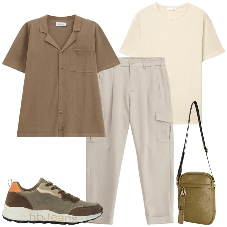 Outfit uomo - Neutro in città. Stile Casual per Tutti i giorni. Abbinamento con borse sportive, sneakers, pantaloni cargo, camicie a manica corta, t-shirt.