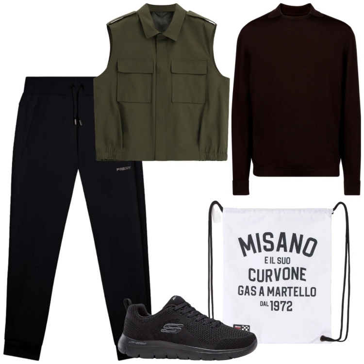 Outfit uomo - Autunno con dtile. Stile Casual per Tutti i giorni. Abbinamento con gilet, maglieria, pantaloni, borse sportive, sneakers.