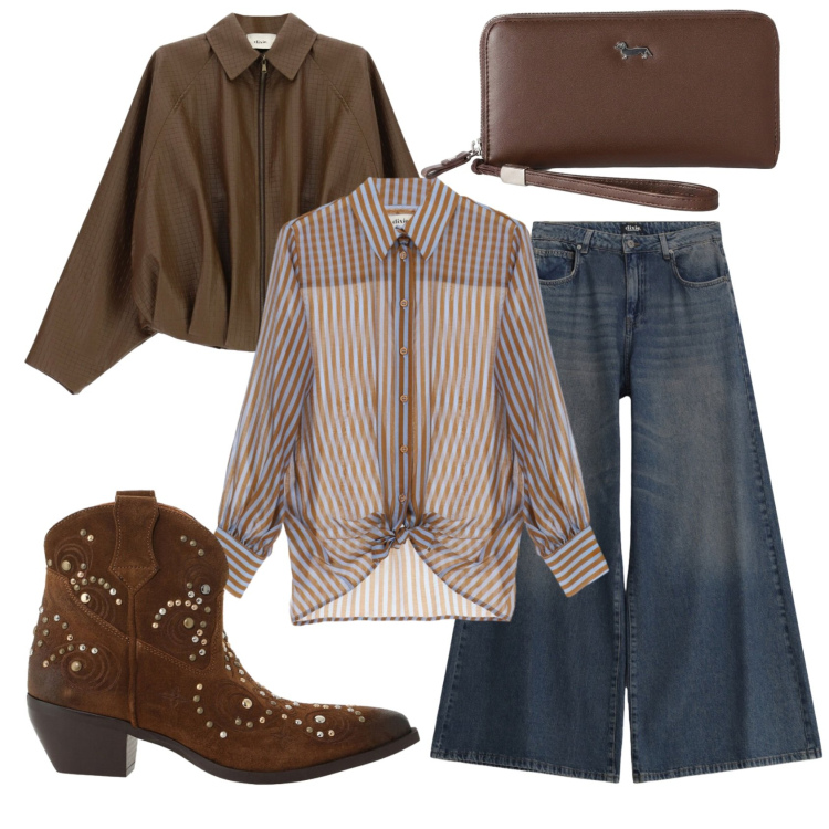 Outfit donna - Total look #2475894. Stile Trendy per Tutti i giorni. Abbinamento con portafogli, jeans, giacche, stivaletti texani, camicie.