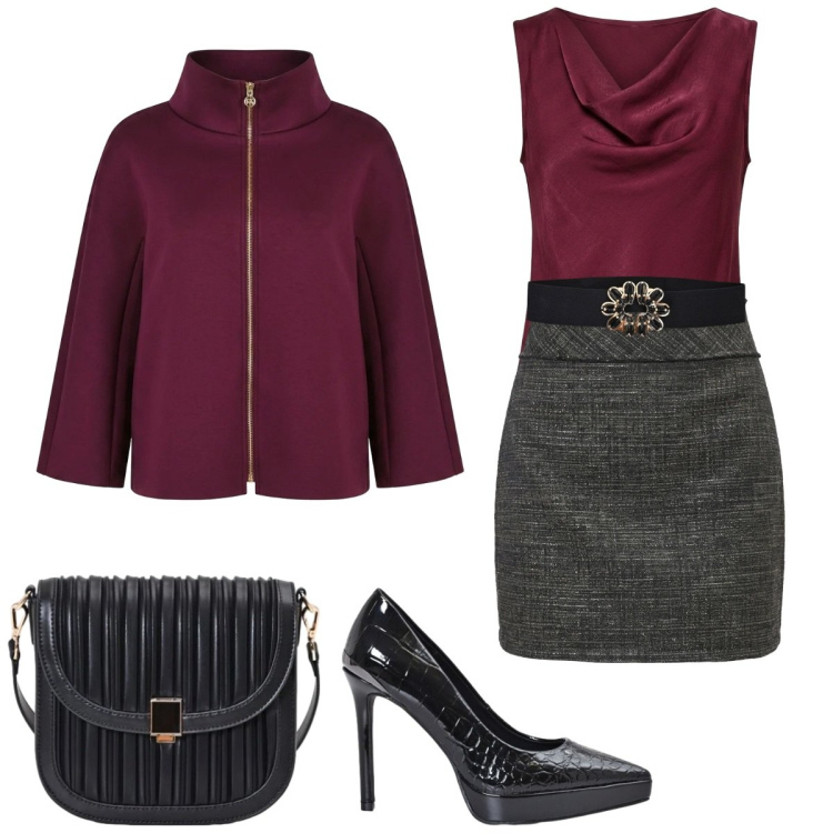 Outfit donna - Femminile ed elegante. Stile Glamour per Ufficio. Abbinamento con cinture, canottiere, minigonne, borse a tracolla, décolleté, cappotti.