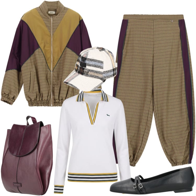 Outfit donna - Comfort con carattere Urban. Stile Sporty chic per Tutti i giorni. Abbinamento con cappelli con visiera, zaini, ballerine, polo, pantaloni, bomber.