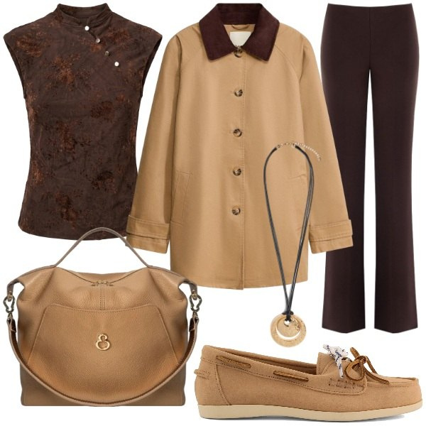 Outfit donna - Trench autunnale. Stile Glamour per Tutti i giorni. Abbinamento con trench, pantaloni a palazzo, ciondoli, borse a mano, top, mocassini.