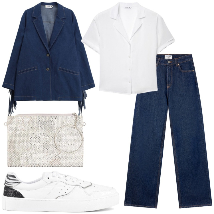 Outfit donna - Denim. Stile Casual chic per Tutti i giorni. Abbinamento con jeans, camicie a manica corta, blazer, pochette, sneakers.