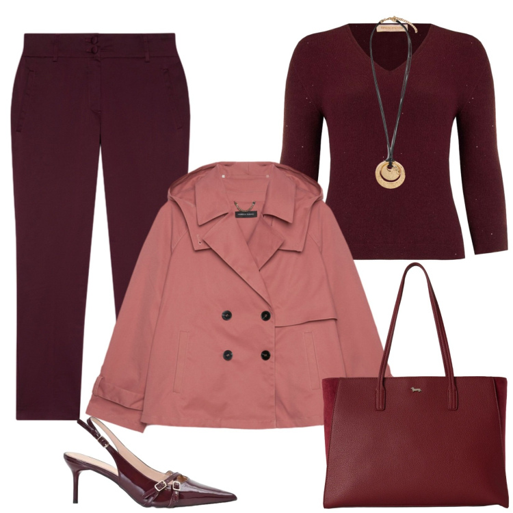 Outfit donna - In ufficio col trench corto. Stile Trendy per Ufficio. Abbinamento con shopping bag, décolleté, maglieria, pantaloni, trench, ciondoli.