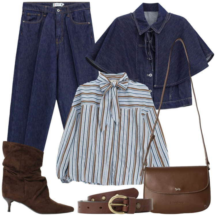 Outfit donna - In denim per l\'università. Stile Casual per Tutti i giorni. Abbinamento con borse a tracolla, stivali, bluse, cinture, jeans, blazer.