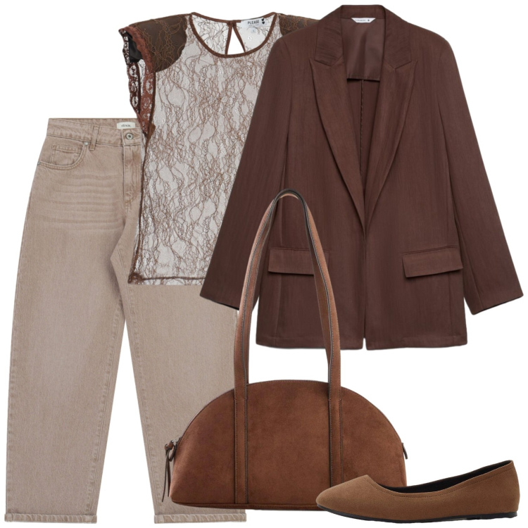 Outfit donna - Cacao. Stile Casual per Scuola/Università. Abbinamento con ballerine, borse a tracolla, blazer, top, jeans.