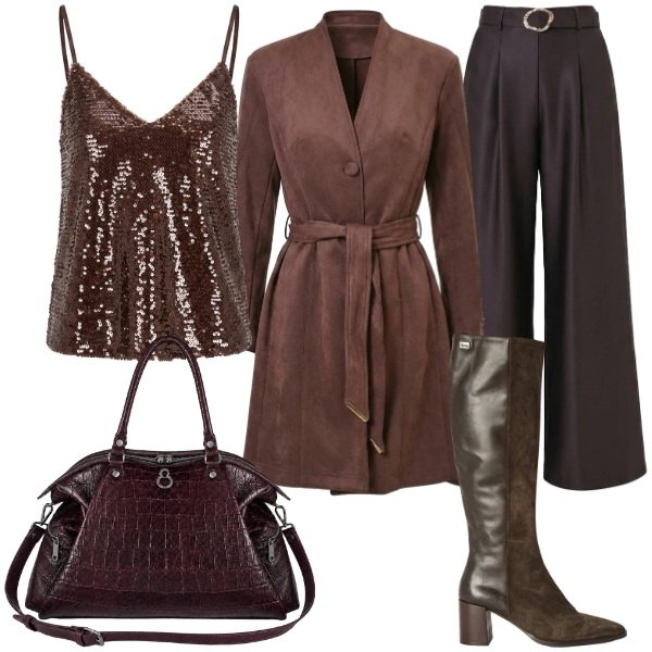 Outfit donna - Trench e toni caldi. Stile Casual chic per Tutti i giorni. Abbinamento con stivali, top, pantaloni a palazzo, trench, shopping bag.