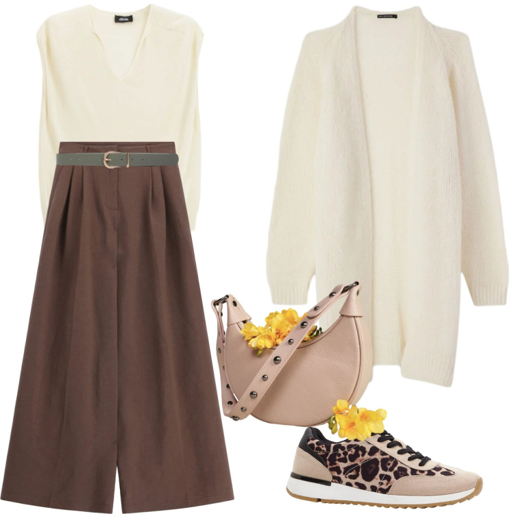 Outfit donna - Total look #2475905. Stile Casual chic per Tutti i giorni. Abbinamento con sneakers, cardigans, cinture, pantaloni a palazzo, maglieria, borse a spalla.
