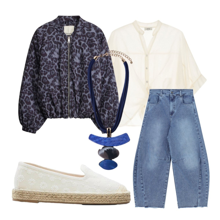 Outfit donna - Settembre. Stile Basic per Tutti i giorni. Abbinamento con espadrillas, bomber, jeans, camicie a manica corta, ciondoli.