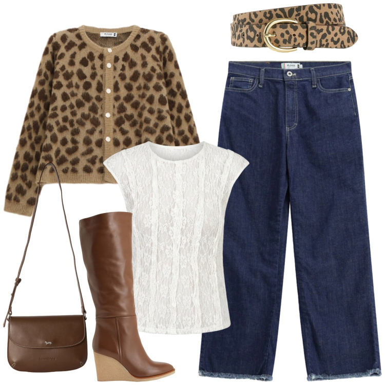 Outfit donna - Ufficio e tempo libero. Stile Casual per Ufficio. Abbinamento con stivali, cinture, borse a tracolla, cardigans, jeans dritti, t-shirt.