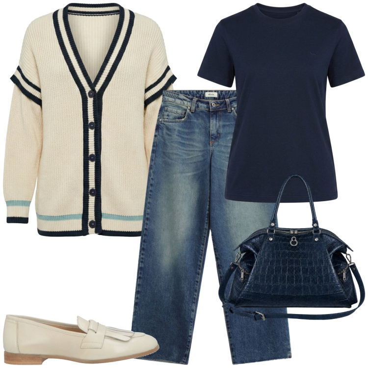 Outfit donna - Uno stile senza tempo. Stile Casual per Tutti i giorni. Abbinamento con mocassini, cardigans, t-shirt, jeans, shopping bag.