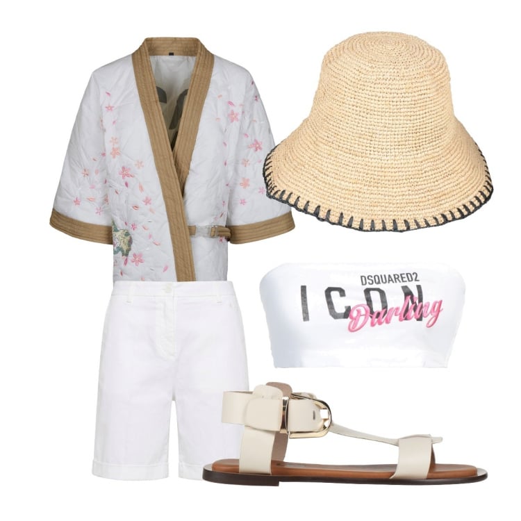 Outfit donna - delicata pioggia di petali di ciliegio. Stile Etnico per Mare. Abbinamento con sandali alla schiava, cappelli con visiera, top, bermuda, kimono.