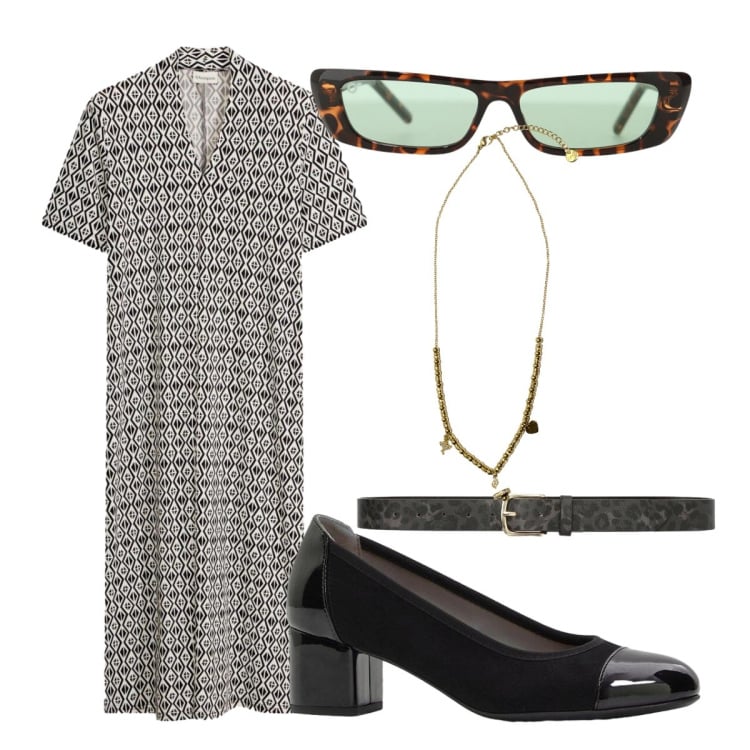 Outfit donna - Oggi mi vesto cosi. Stile Casual chic per Tutti i giorni. Abbinamento con décolleté, vestiti, cinture, occhiali da sole, ciondoli.