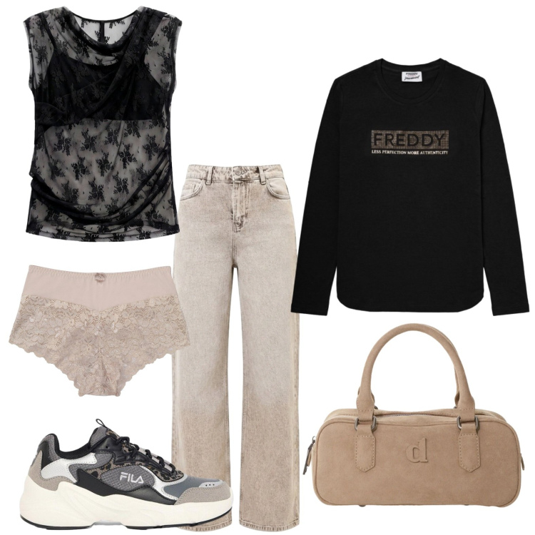 Outfit donna - Il pizzo sotto la felpa. Stile Casual per Tutti i giorni. Abbinamento con culotte, sneakers, t-shirt, top, borse a mano, jeans dritti.