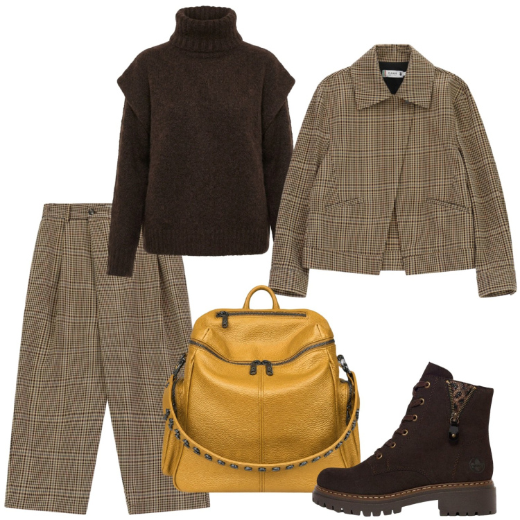 Outfit donna - Confortevole completo principe di galles. Stile Casual per Ufficio. Abbinamento con stivaletti, cappotti, pantaloni, pullovers, zaini.