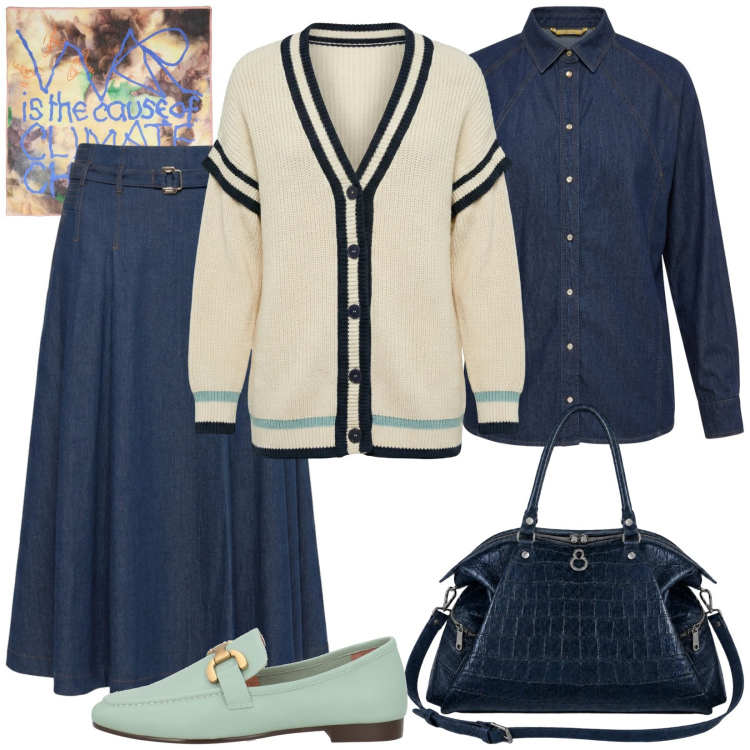Outfit donna - Ady: tempo libero. Stile Casual per Tutti i giorni. Abbinamento con sciarpe, mocassini, gonne longuette, cardigans, camicie, shopping bag.