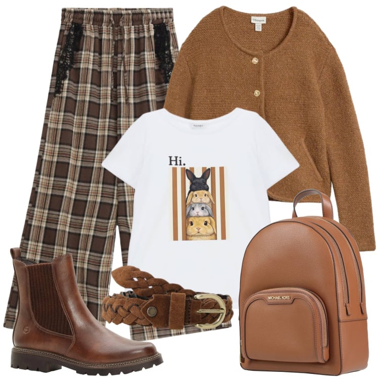 Outfit donna - Weekend autunnale. Stile Trendy per Tutti i giorni. Abbinamento con zaini, stivaletti, cardigans, cinture, pantaloni a palazzo, t-shirt.