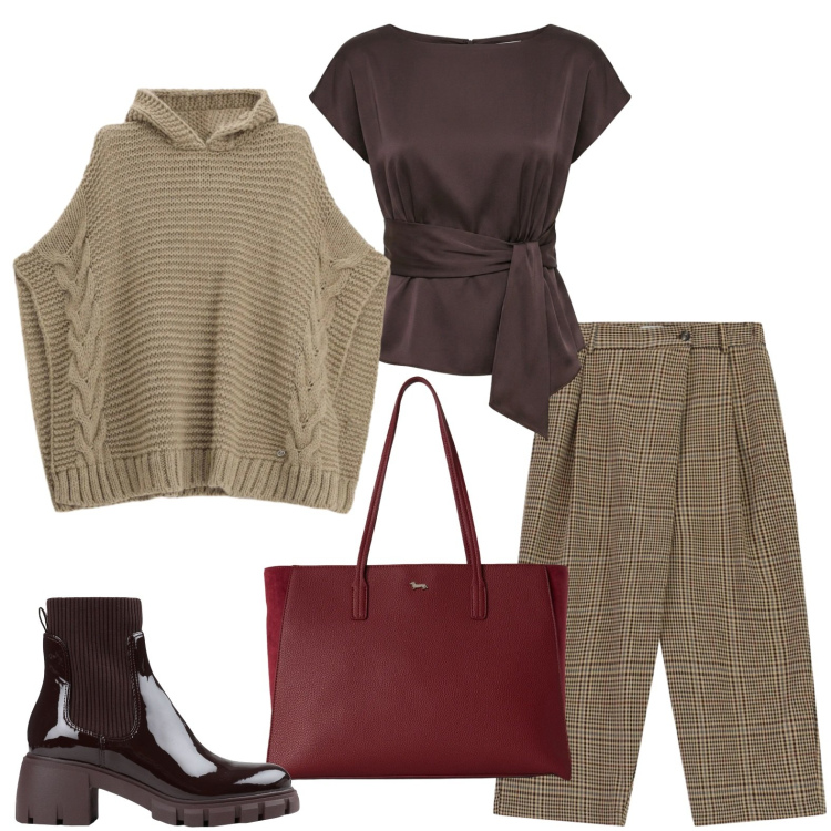 Outfit donna - In ufficio con il poncho. Stile Casual per Ufficio. Abbinamento con stivaletti, shopping bag, maglieria, pantaloni, bluse.