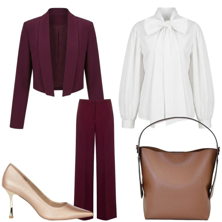 Outfit donna - A teatro. Stile Chic per Serata fuori. Abbinamento con camicie, pantaloni a palazzo, borse a mano, blazer, décolleté.