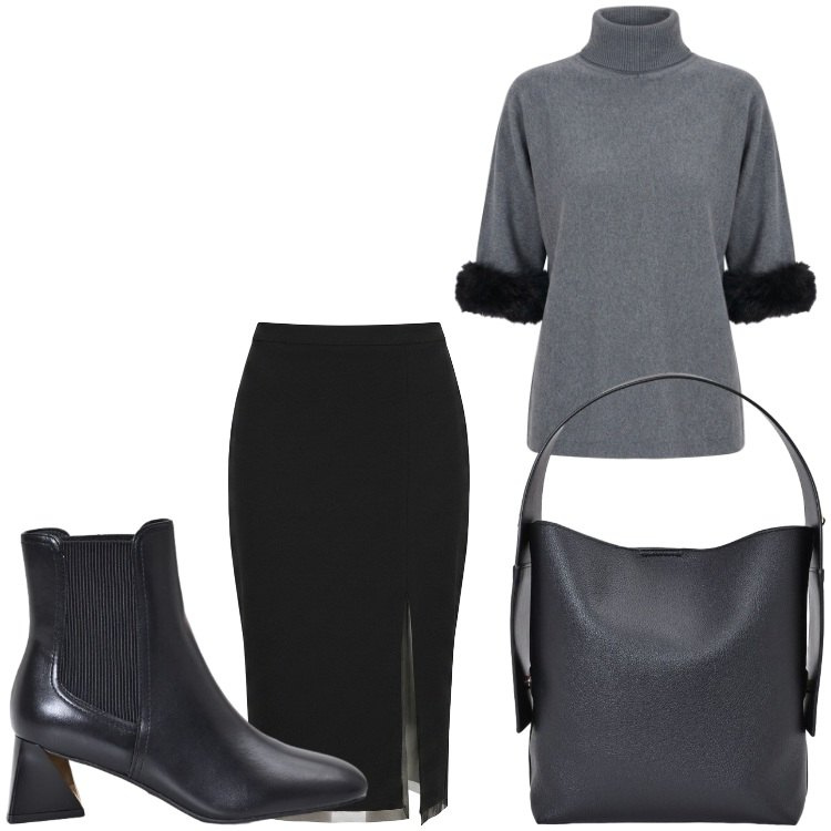 Outfit donna - Eleganza al lavoro. Stile Chic per Ufficio. Abbinamento con borse a spalla, gonne longuette, maglieria, stivaletti.