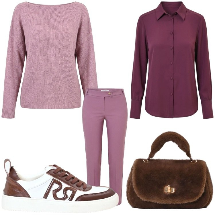 Outfit donna - color del vino. Stile Sporty chic per Ufficio. Abbinamento con camicie, pantaloni, borse a mano, maglieria, sneakers.