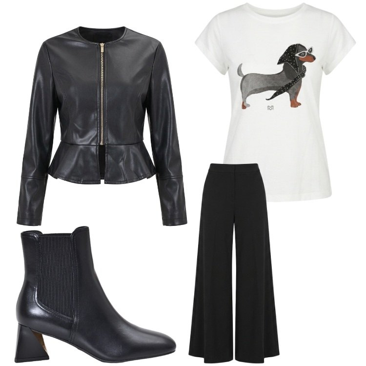 Outfit donna - Effetto simpatia. Stile Rock per Serata fuori. Abbinamento con pantaloni, giacche, stivaletti, t-shirt.