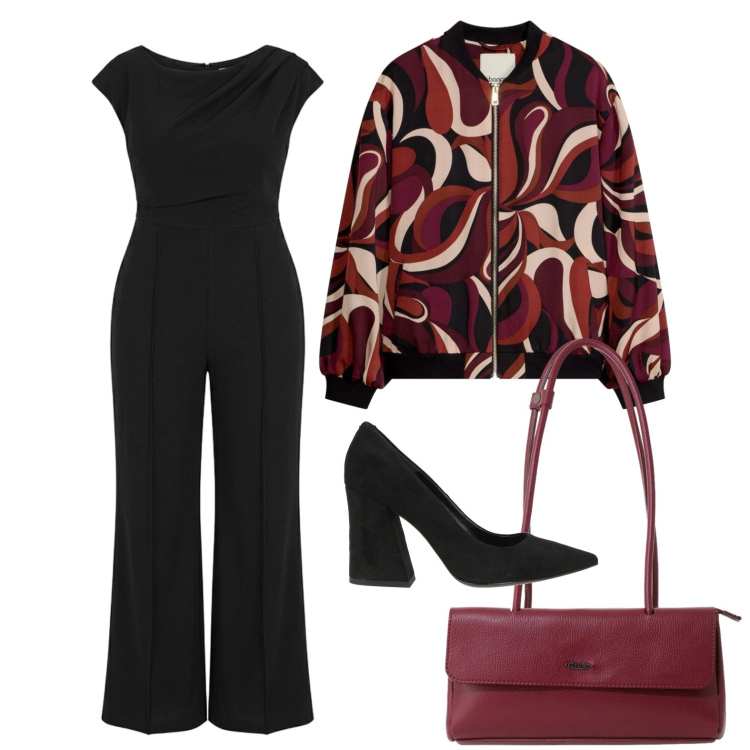 Outfit donna - Jumpsuit e bomber. Stile Trendy per Serata fuori. Abbinamento con décolleté, bomber, borse a spalla, tute.