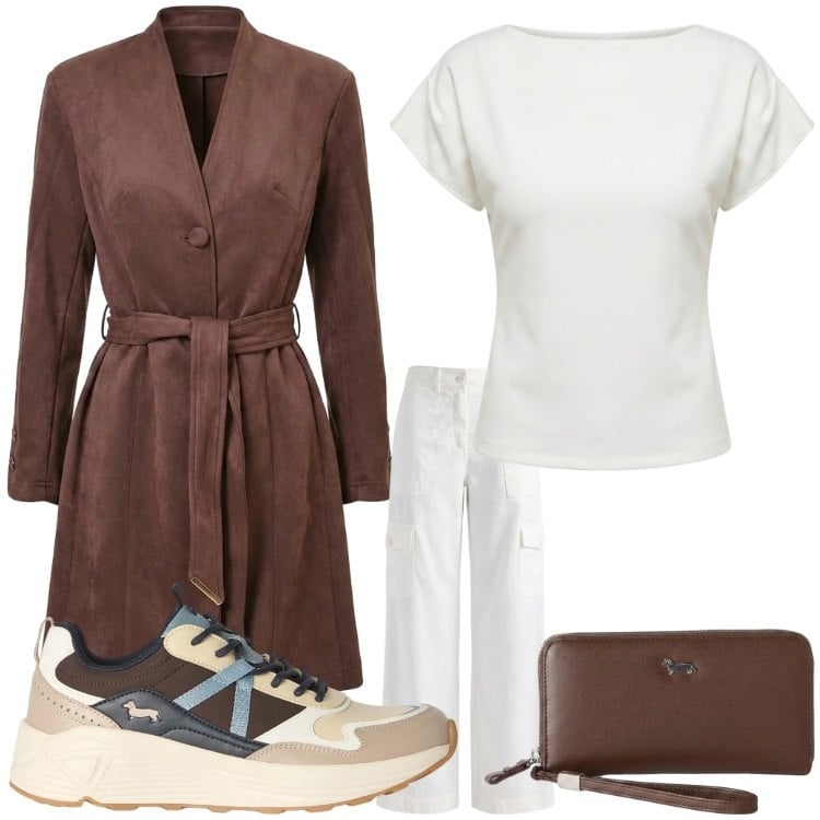 Outfit donna - Panna e cioccolato. Stile Sporty chic per Ufficio. Abbinamento con sneakers, pantaloni cargo, portafogli, t-shirt, trench.