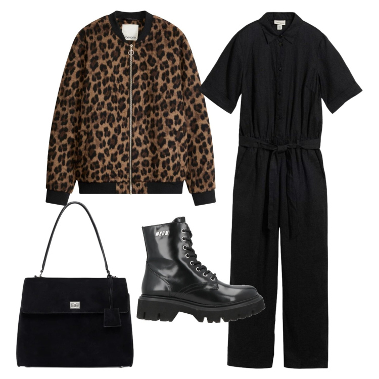 Outfit donna - Domenica in città. Stile Casual per Tutti i giorni. Abbinamento con anfibi, tute, bomber, borse a mano.